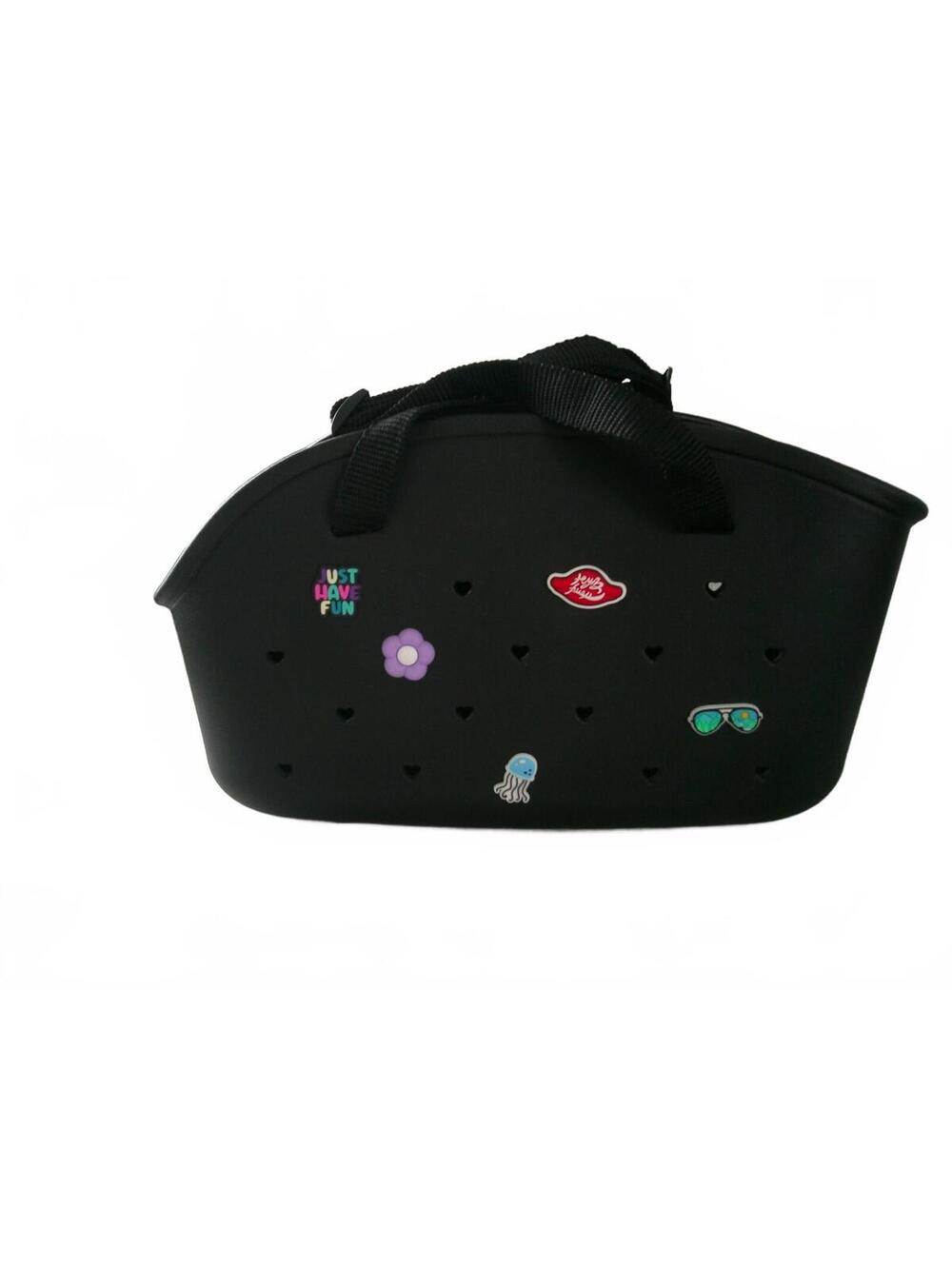 Black Silicone Tote Bag with Heart Cutouts and Decorative Pn